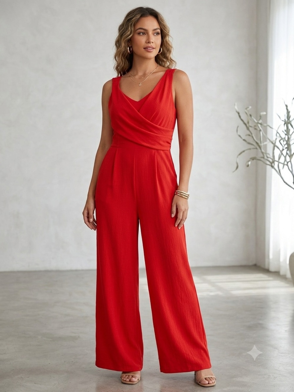 Dazy Red Sleeveless Wrap Front Jumpsuit